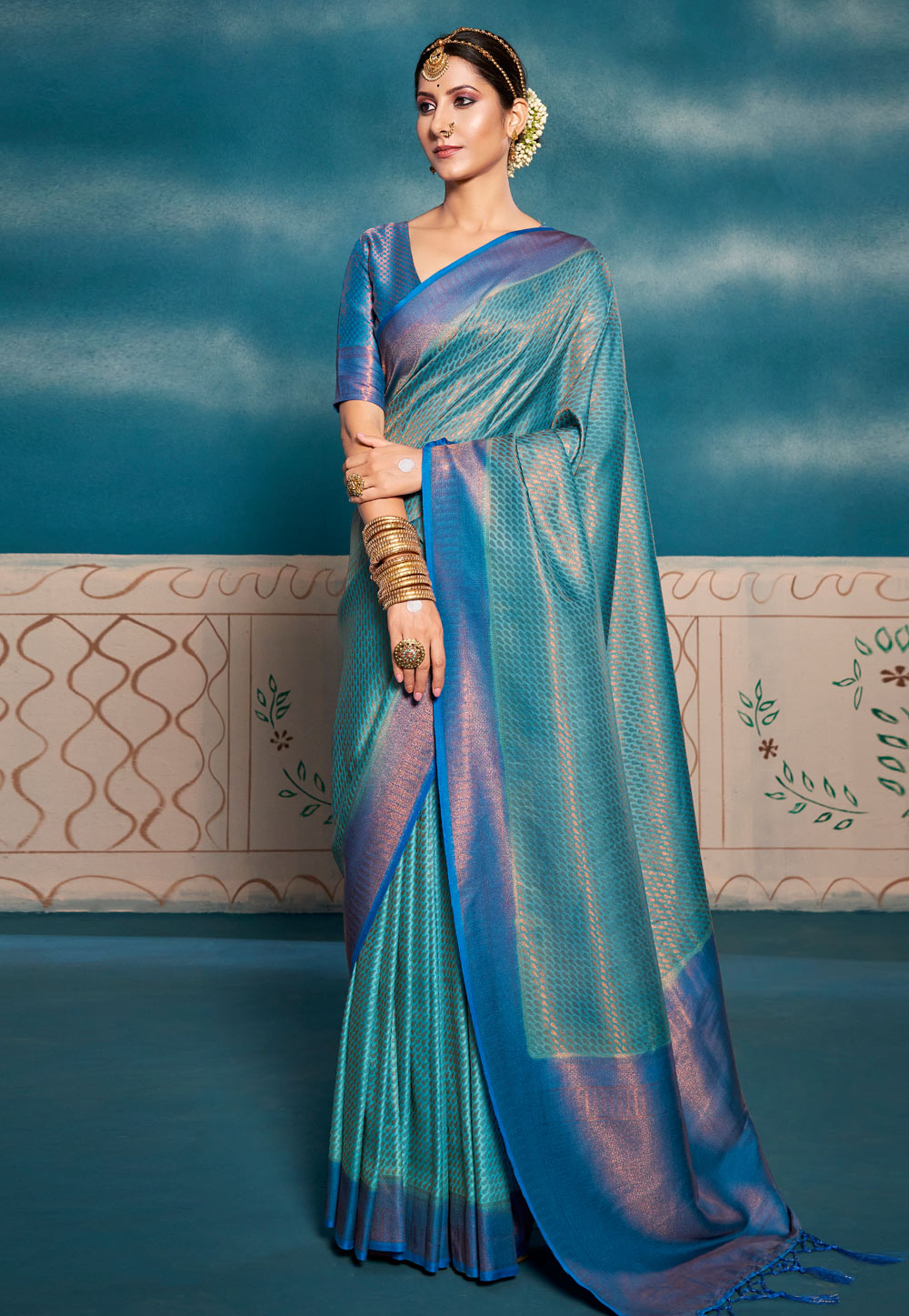 Banarasi soft silk saree in peacock blue