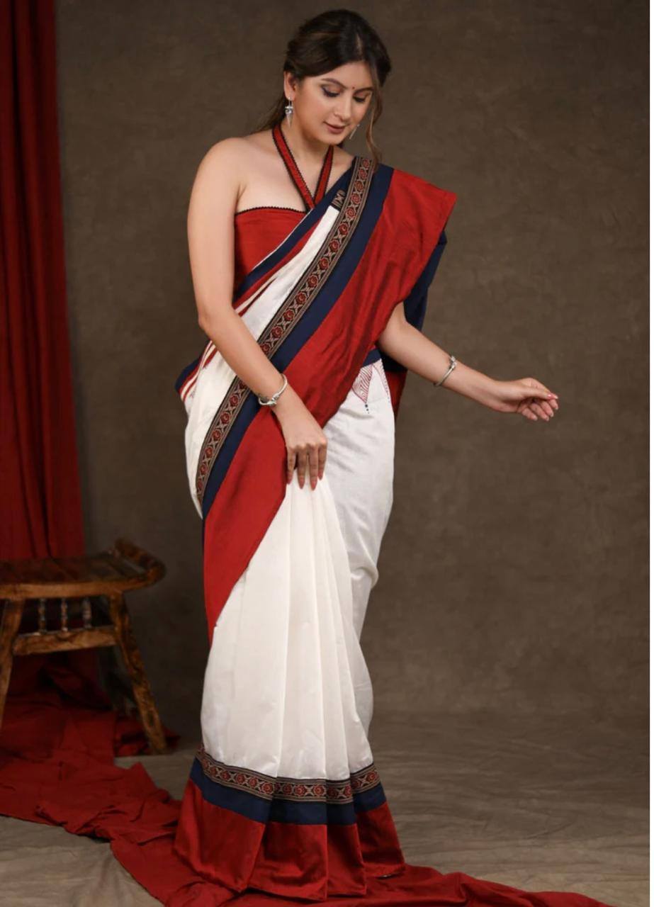 Chanderi & Cotton Silk - Red and blue desiner saree