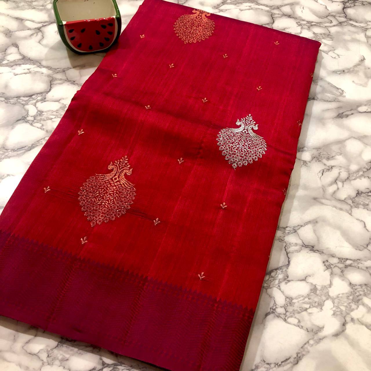 Dupion Silk Embroidery Saree with Copper Zari Border