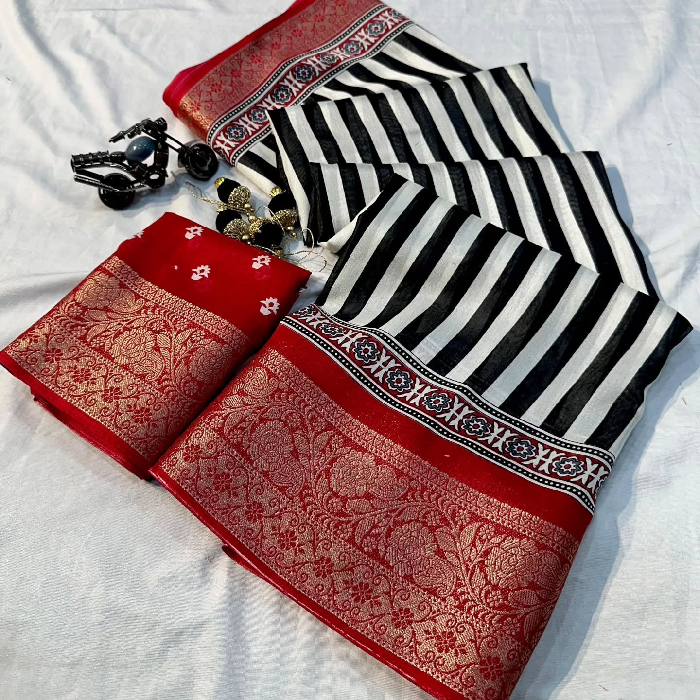 Black and white striped Soft Dola Saree with latkan