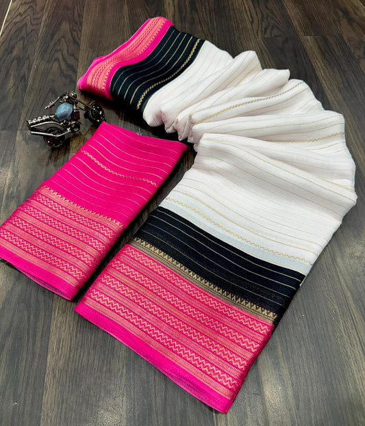 Fancy mysore silk crepe  saree - Magenta and black