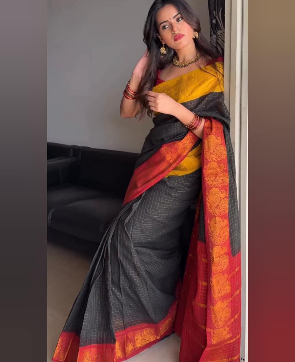 Traditional red and Yello Madurai sungudi cotton saree