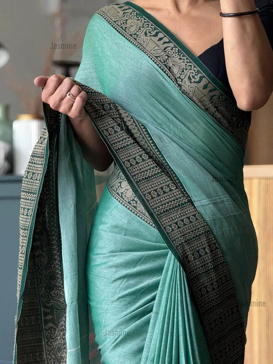 Light turquoise pure narayanpeth mecerised Cotton Saree