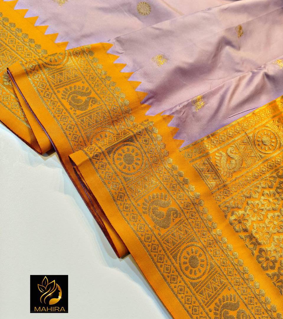 Lavender & Golden Yellow Banarasi Soft Silk Saree with Rich Zari Border