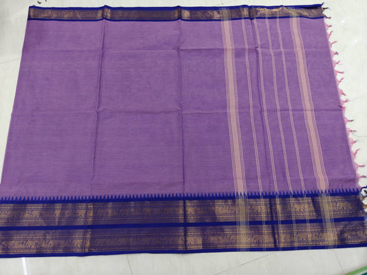 Lavender Purple Kanchi Cotton Saree with Royal Blue Gold Zari Border