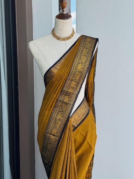 Mustard Kanchi Cotton Saree with Black & Gold Annam Border