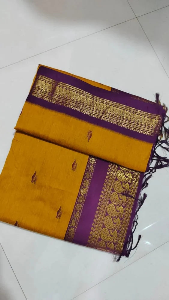 Mustard and purple Kalyani cotton saree