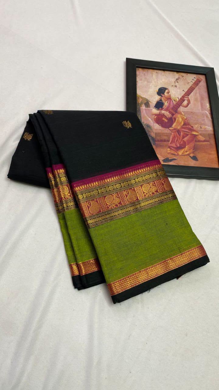 Black and apple green kanchi cotton saree