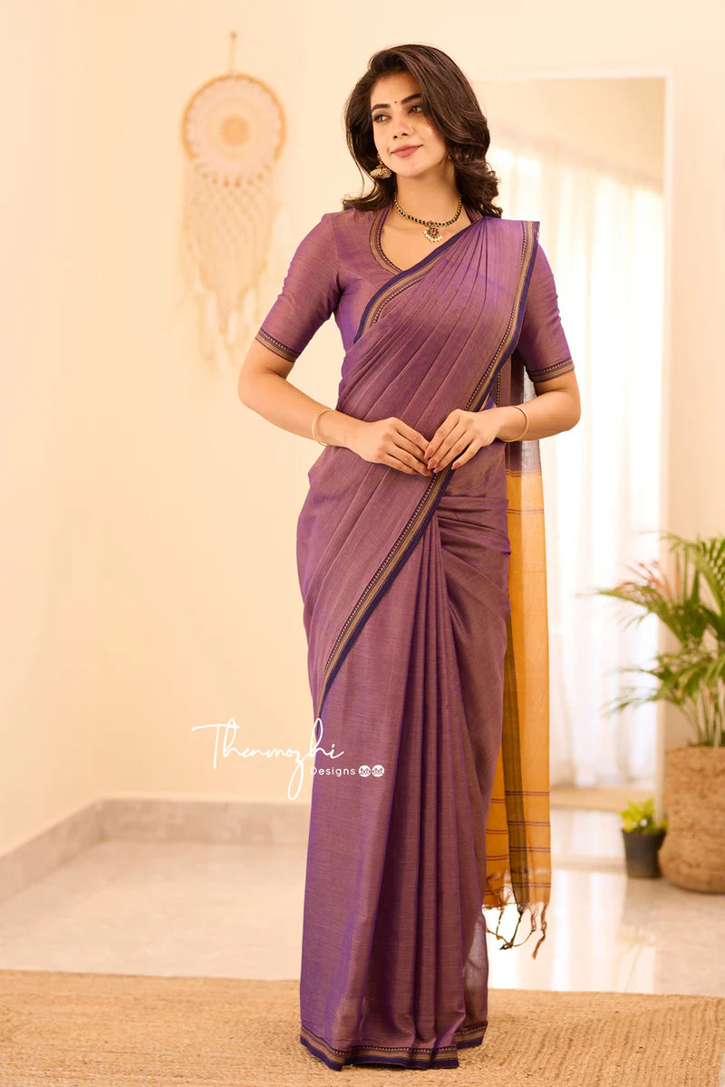 Onion pink Small border - Red Narayanpeth Mercerised Cotton Saree