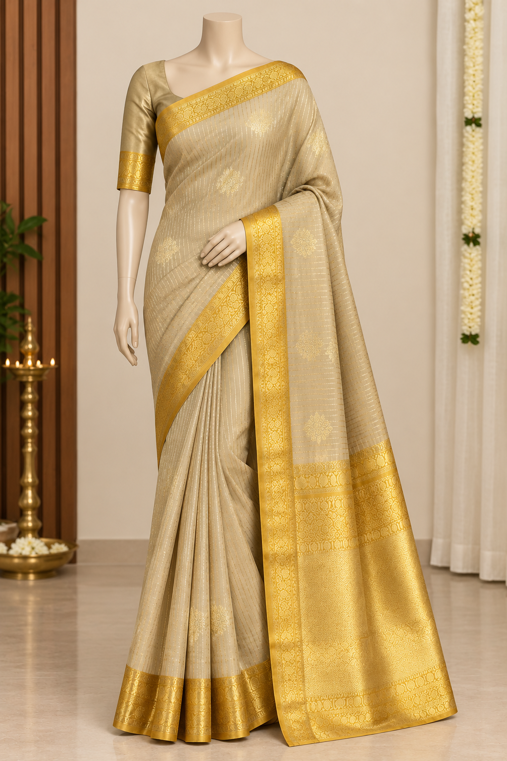 Golden-beaige semi silk saree - pattu