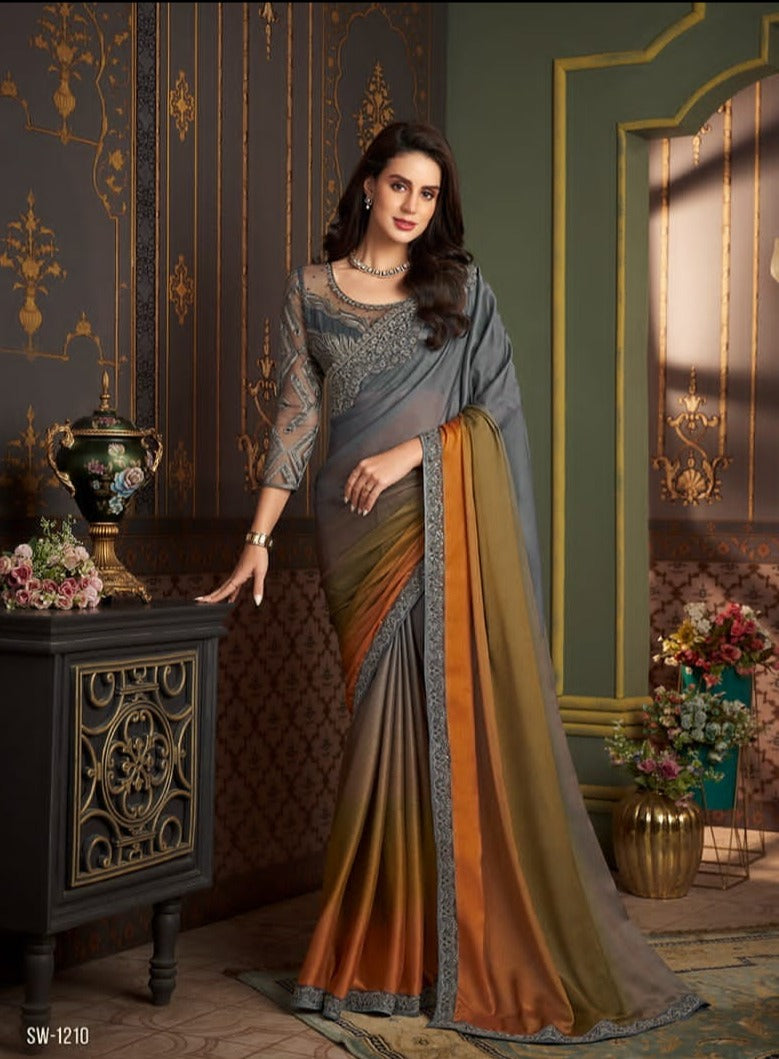 Gray and orange designer partywear saree