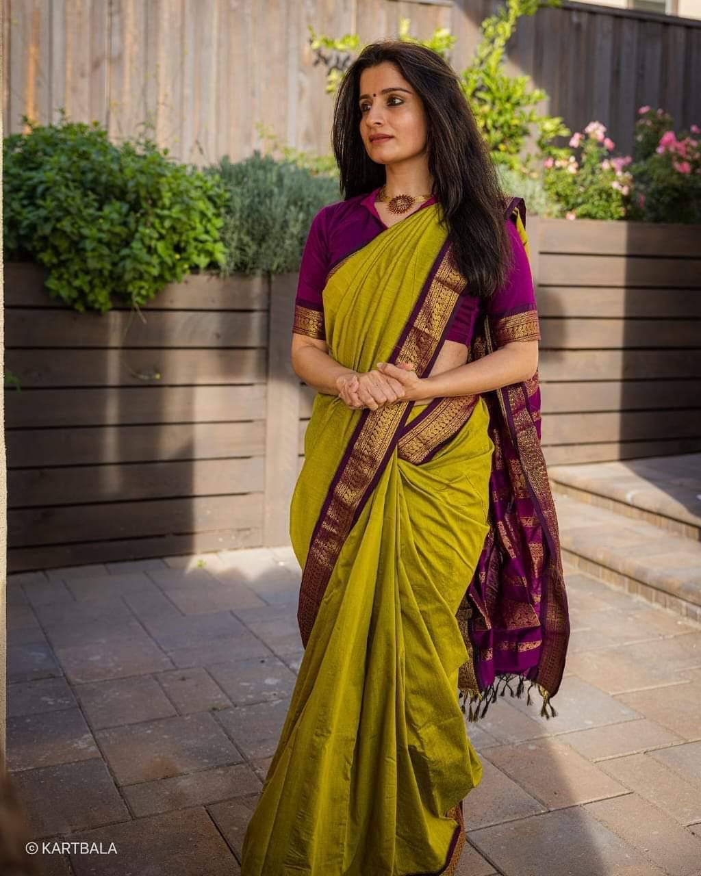 Apple Green and Purple Kalyani Cotton Sare