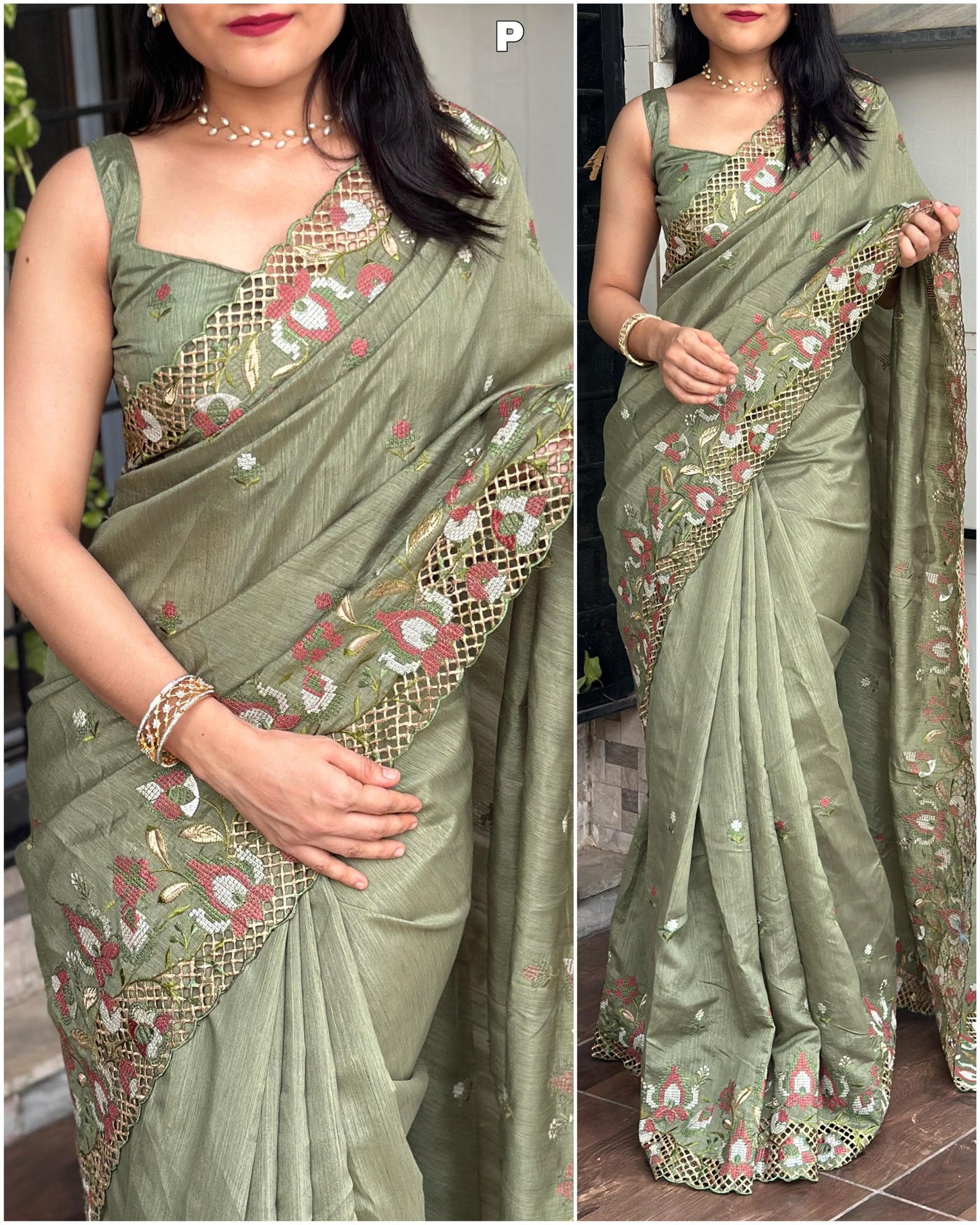 Pasta green visca slub silk saree