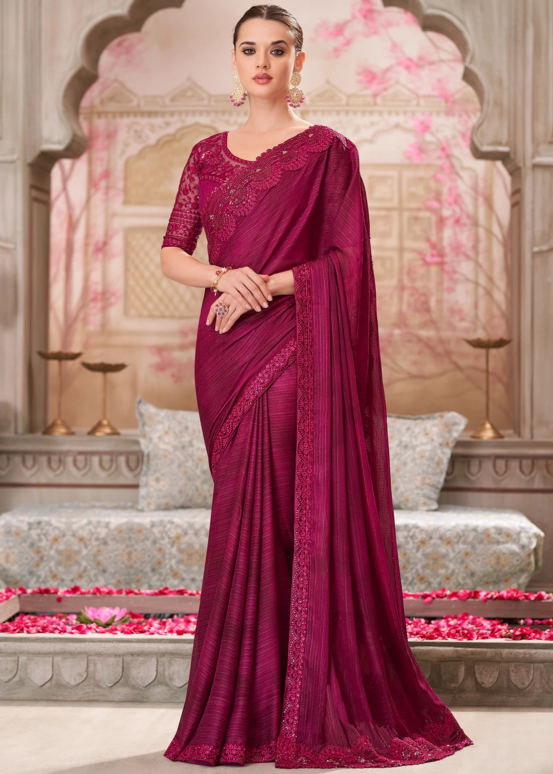 Magenta Chiffon Designer Saree with Embroidered Blouse | Party Wear Saree