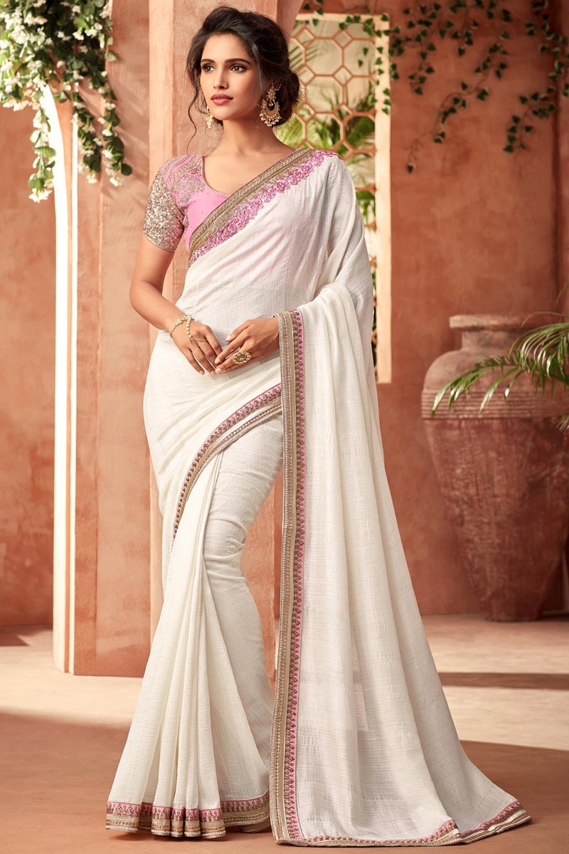 Off White and sweet pink desginer saree