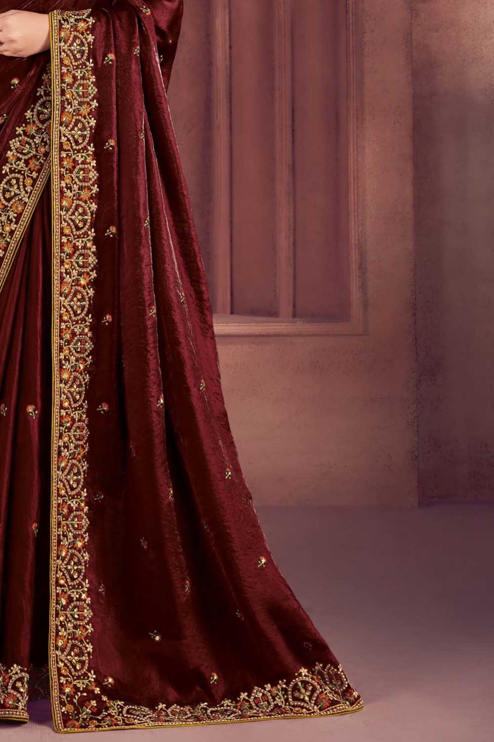 Chocolate Brown Organza Embroidered Saree
