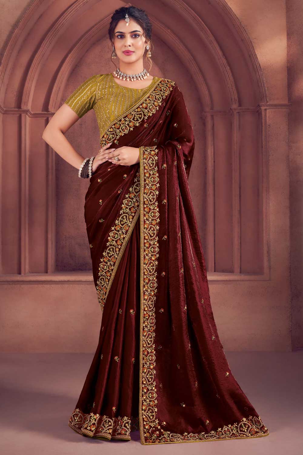 Chocolate Brown Organza Embroidered Saree