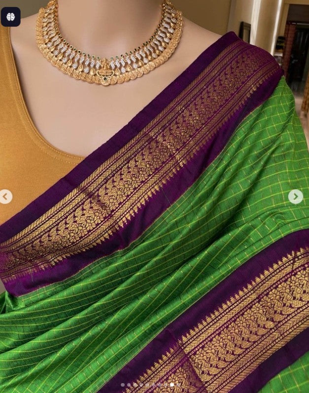 Kalyani cotton check saree – green purple with gold border