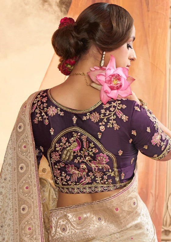 Light Beige Weaved Zari Lightweight Silk Saree