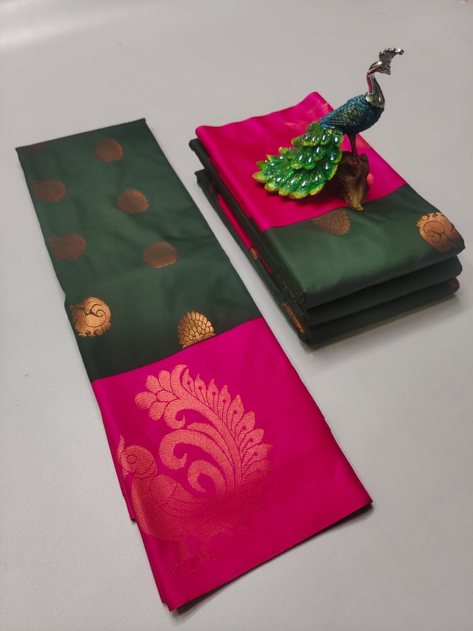 Bottle green soft silk saree