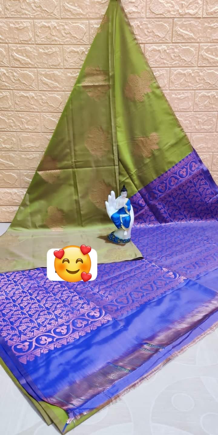 Blue and Green soft silk borderless saree