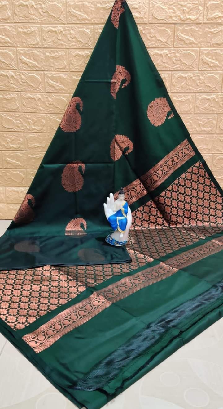 Copper with bottle green soft silk saree