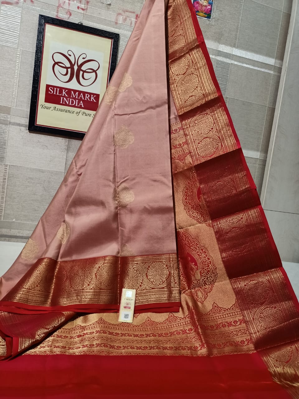 Kanchivaram pure silk - peach pink saree and red