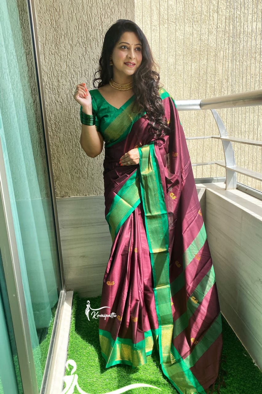 Burgundy with Green Cotton silk saree