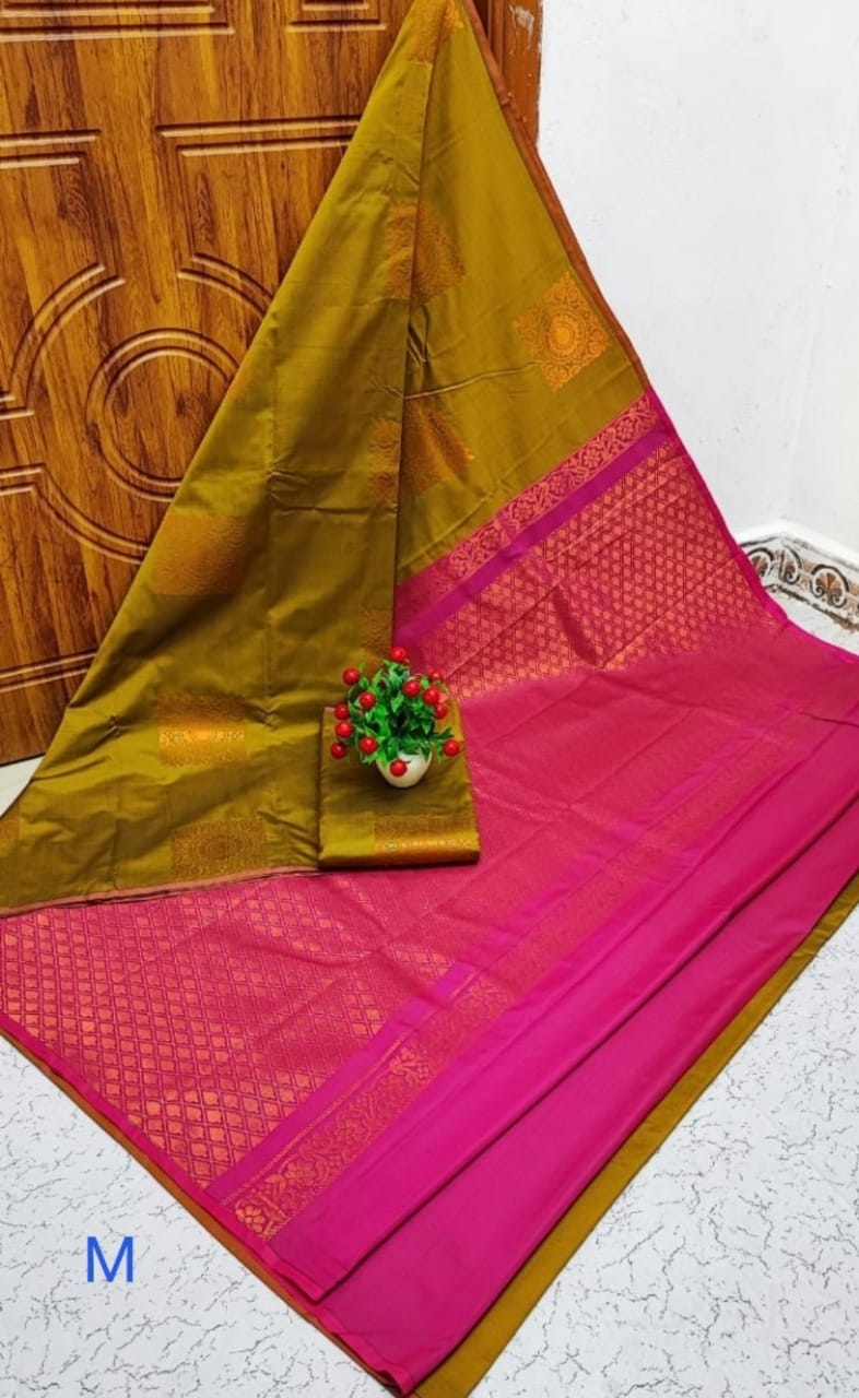 Mustard brown with Hote Pink soft silk saree