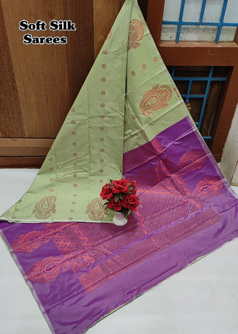 Mint green plus purple soft silk saree