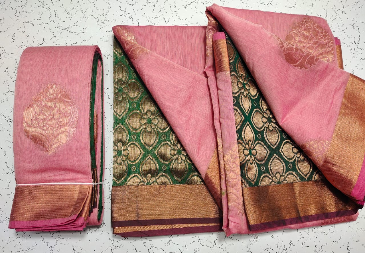 Peach pink and green copper border saree silk cotton