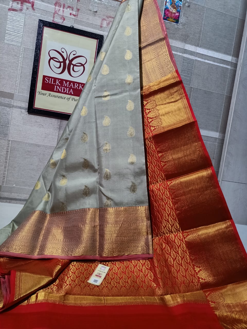 Kanchivaram pure silk - Metallic pastel green and red saree