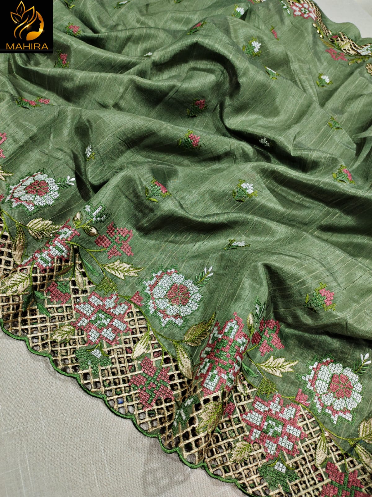 Partywear cut work pasta green saree