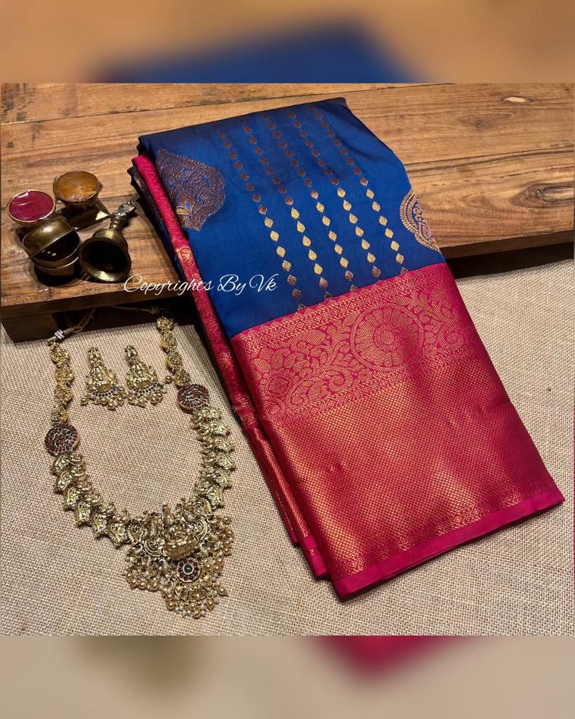 Big border Pattu saree - Blue and Magenta