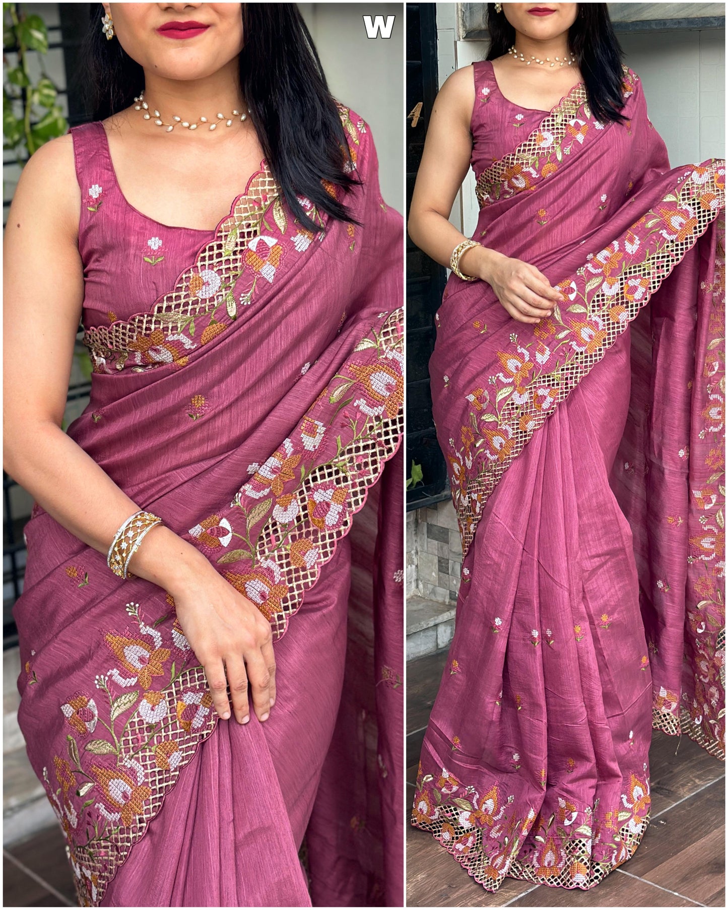Partywear cut work pasta green saree