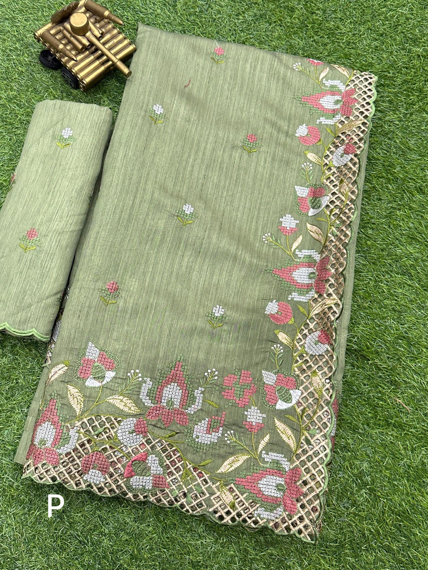 Partywear cut work pasta green saree