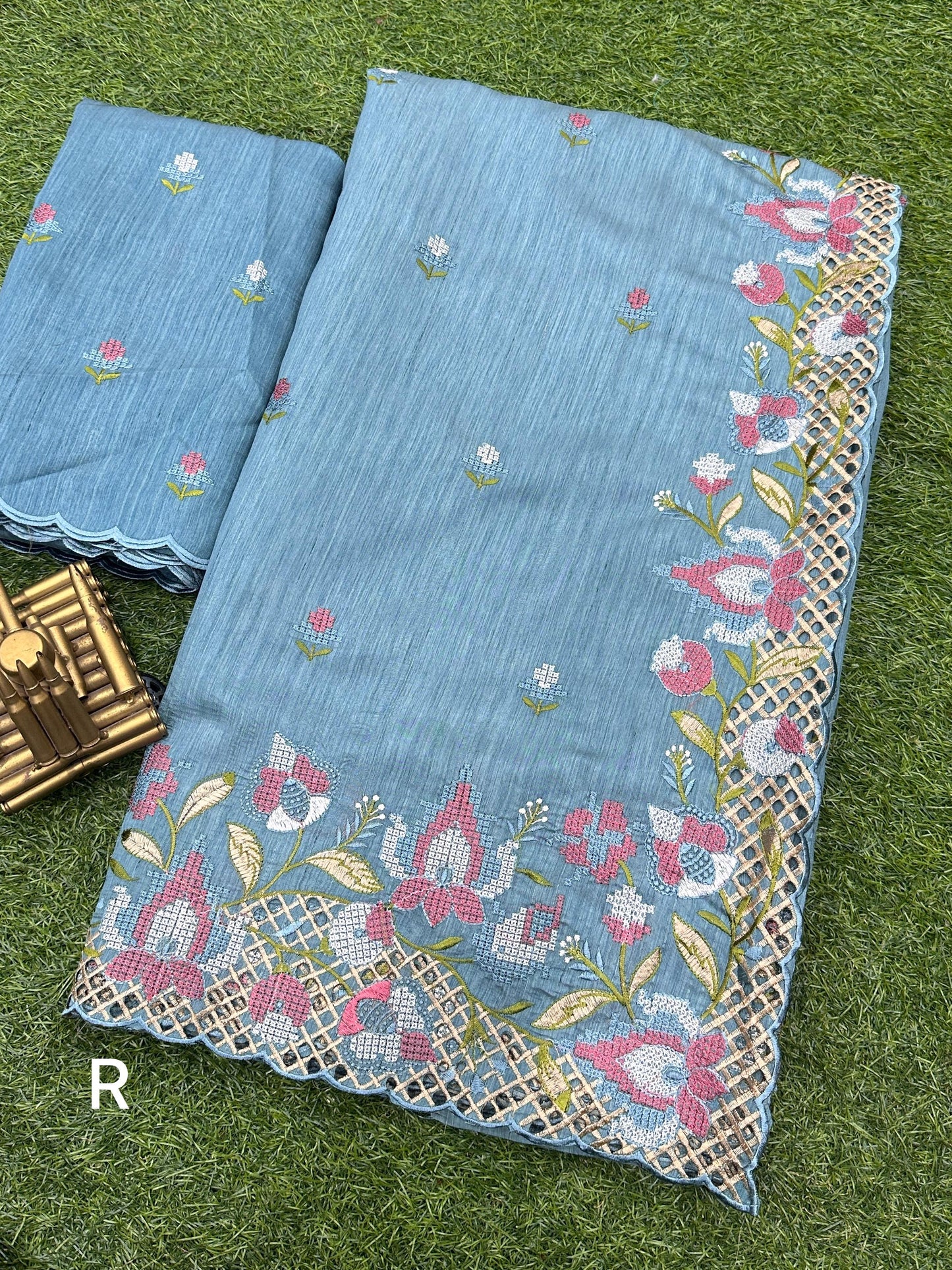 Partywear cut work pasta green saree