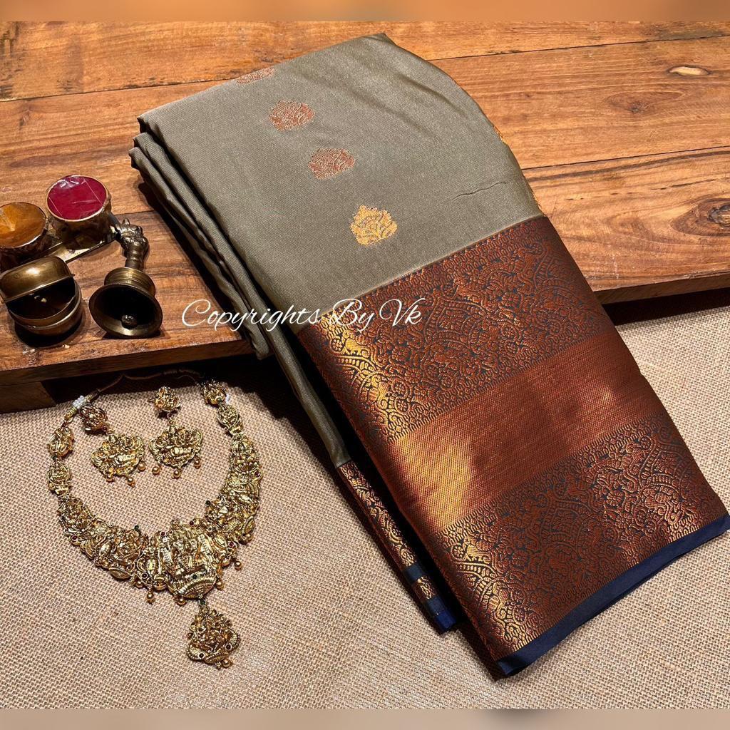 pattu saree grey and navy blue