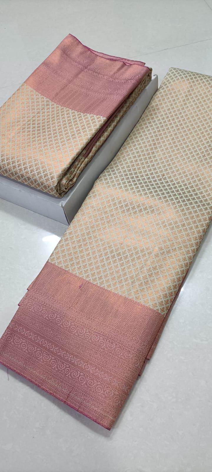 Creamy pink semi silk pattu saree