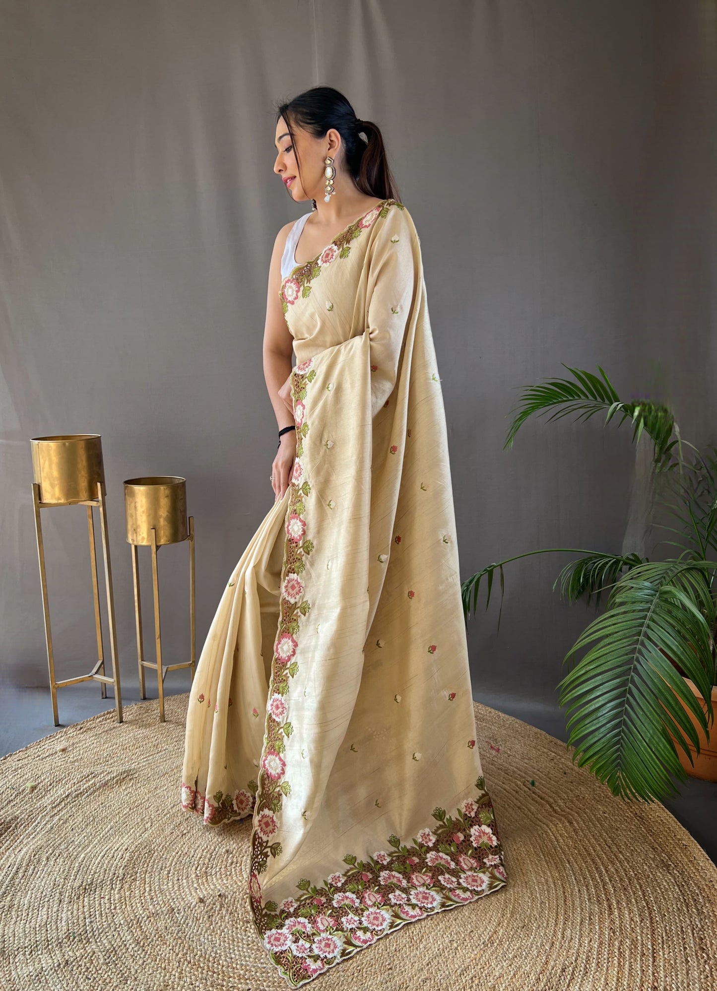 Beige Partywear cut work embroidery saree