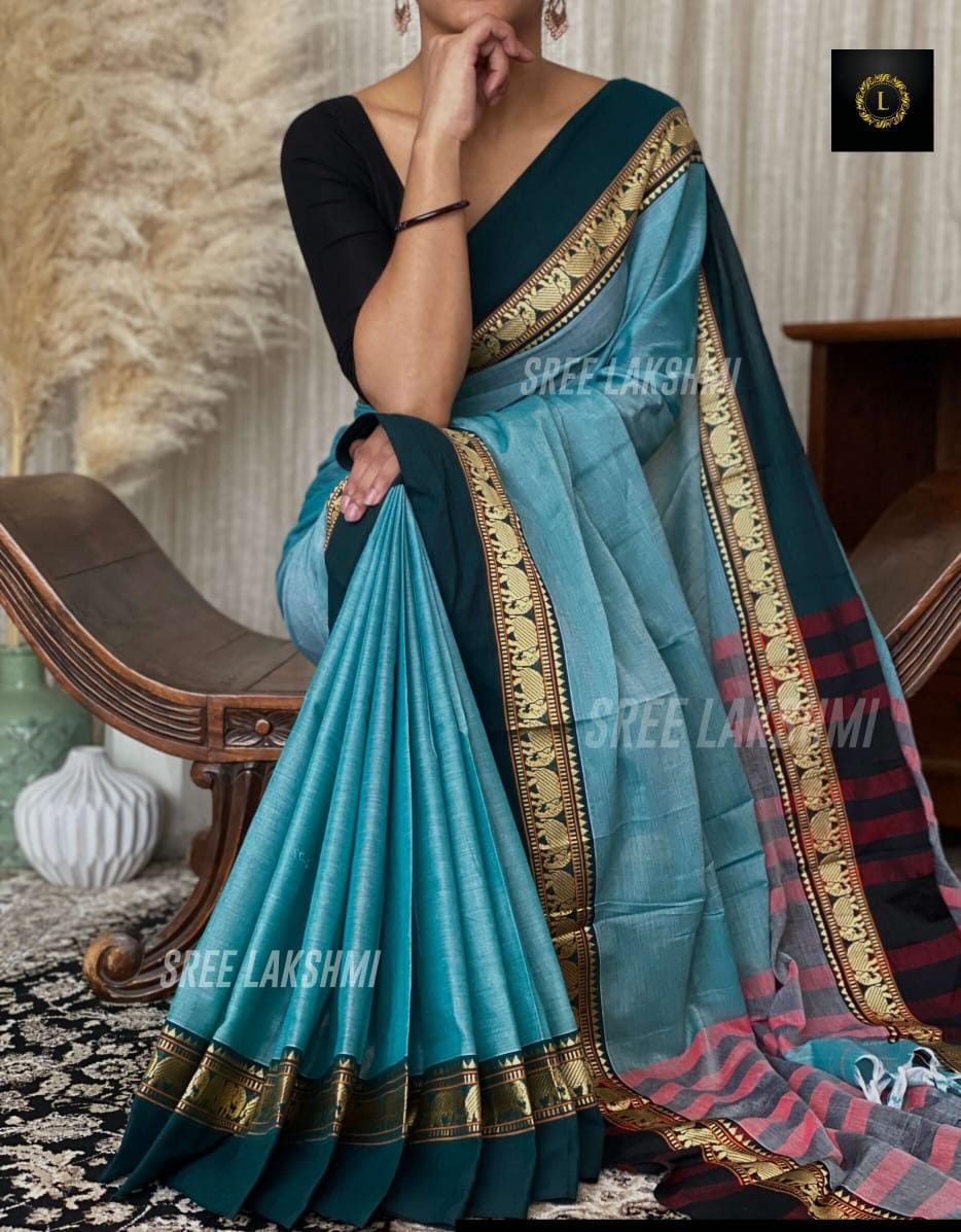 Sky Blue Pure Narayanpeth Mercerised Cotton Saree UK