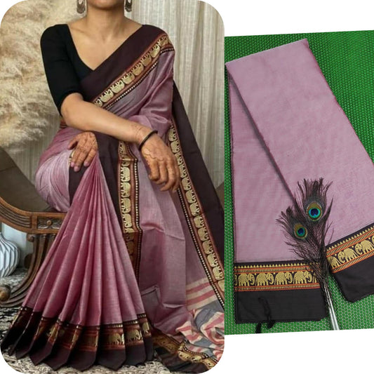 A collage of two images, one showcasing a woman wearing a pink and purple Narayanpeth Mercerised Cotton Saree with a peacock feather design, and the other displaying the saree's border detail.