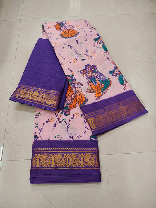 Printed Madurai Sungudi Cotton Saree with Peacock Border
