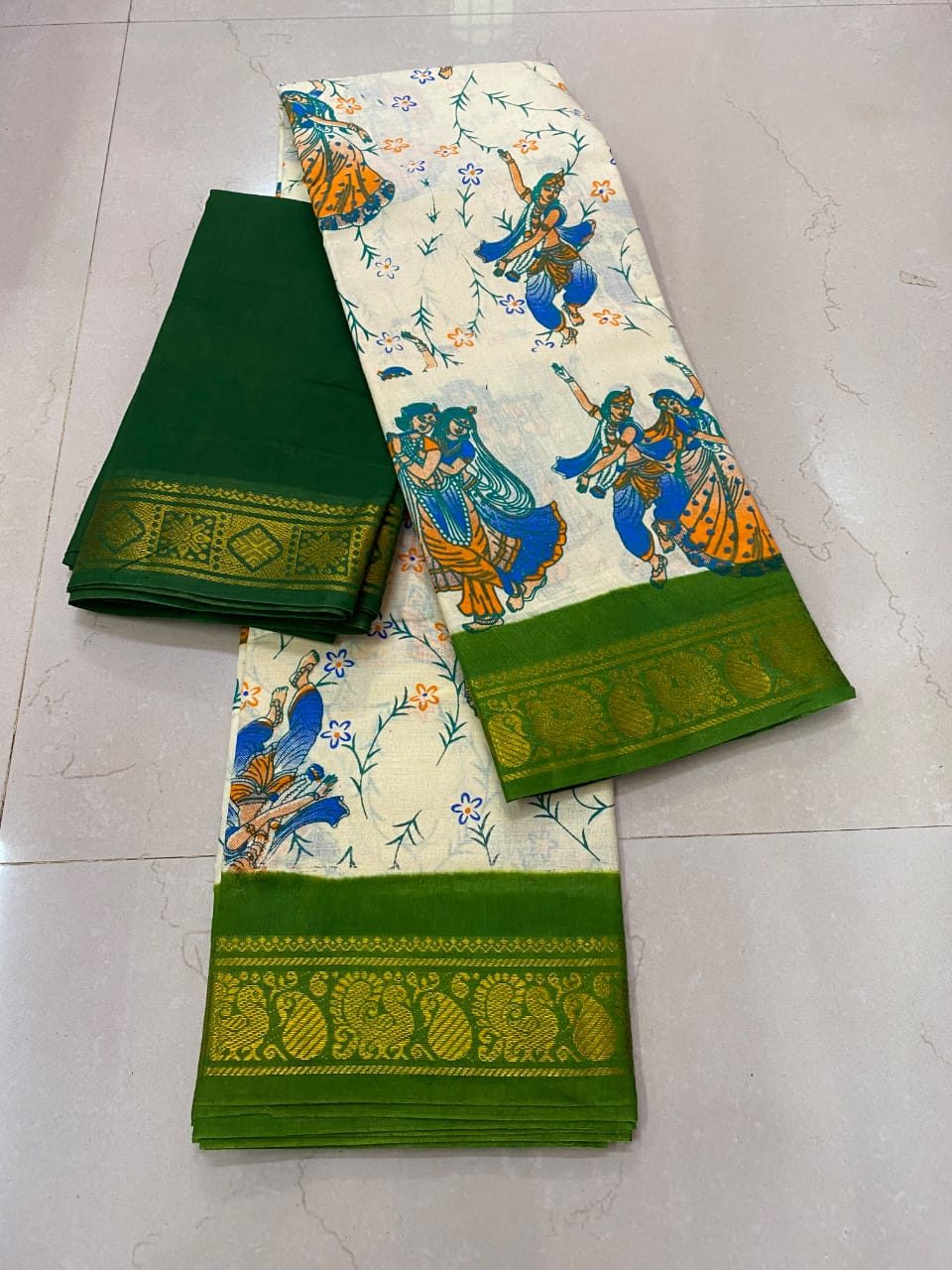 Printed Madurai Sungudi Cotton Saree with Peacock Border
