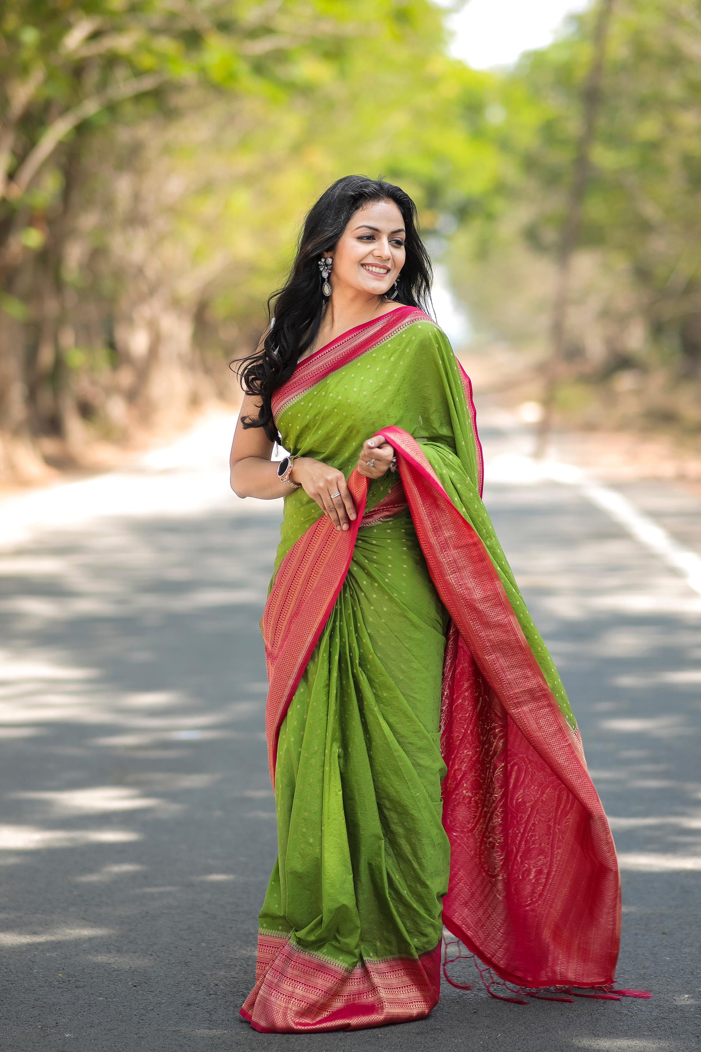 Apple green with Rani Pink khadi georgette silk saree