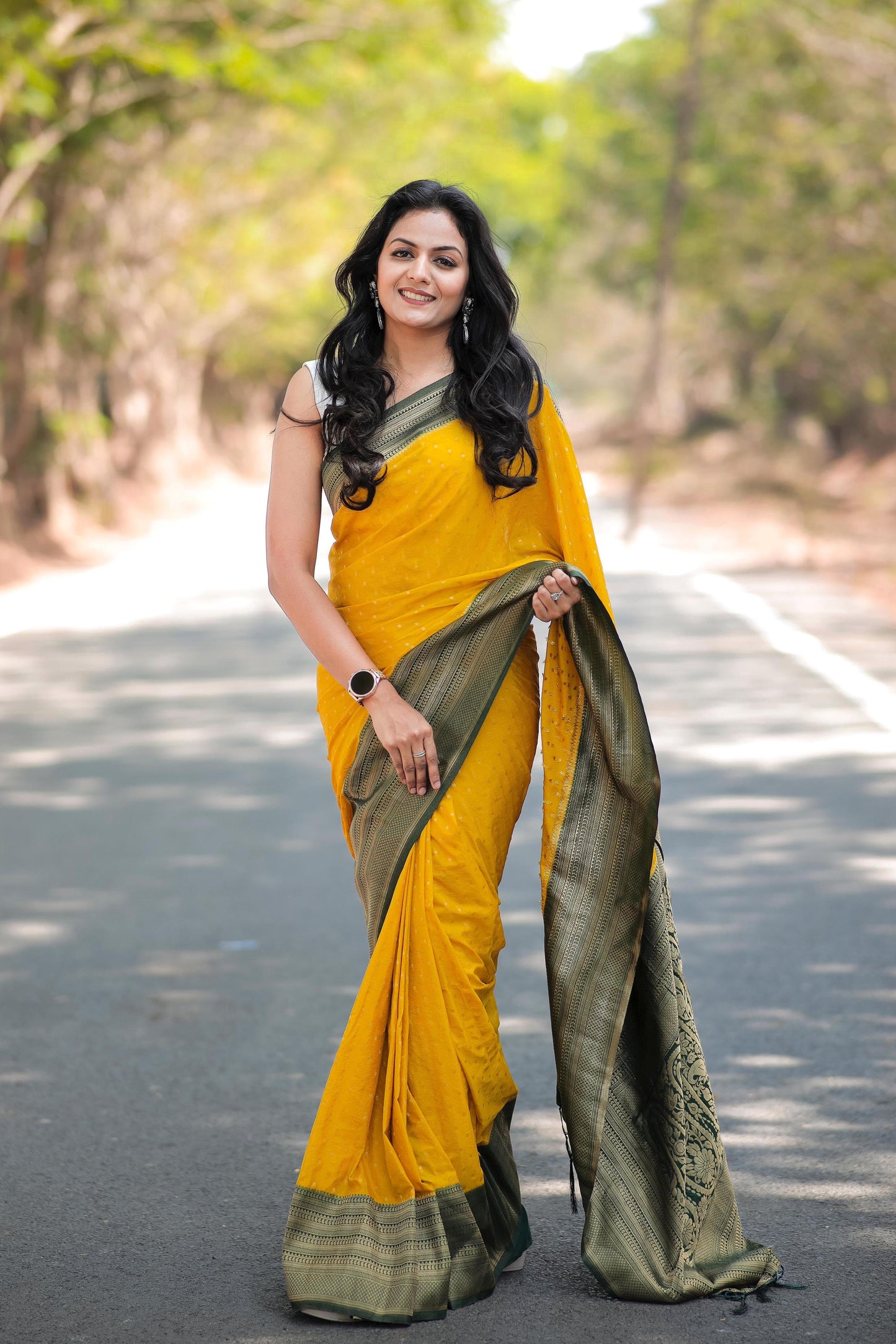 mustard yellow and forest green khadi georgette silk saree