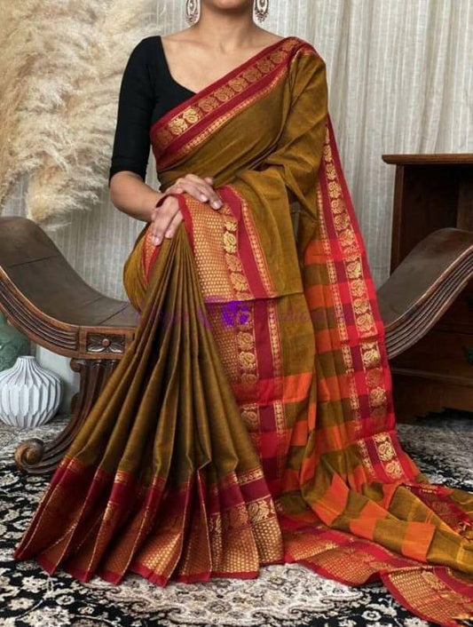 Amber Green Pure Narayanpeth Mercerised Cotton Saree UK