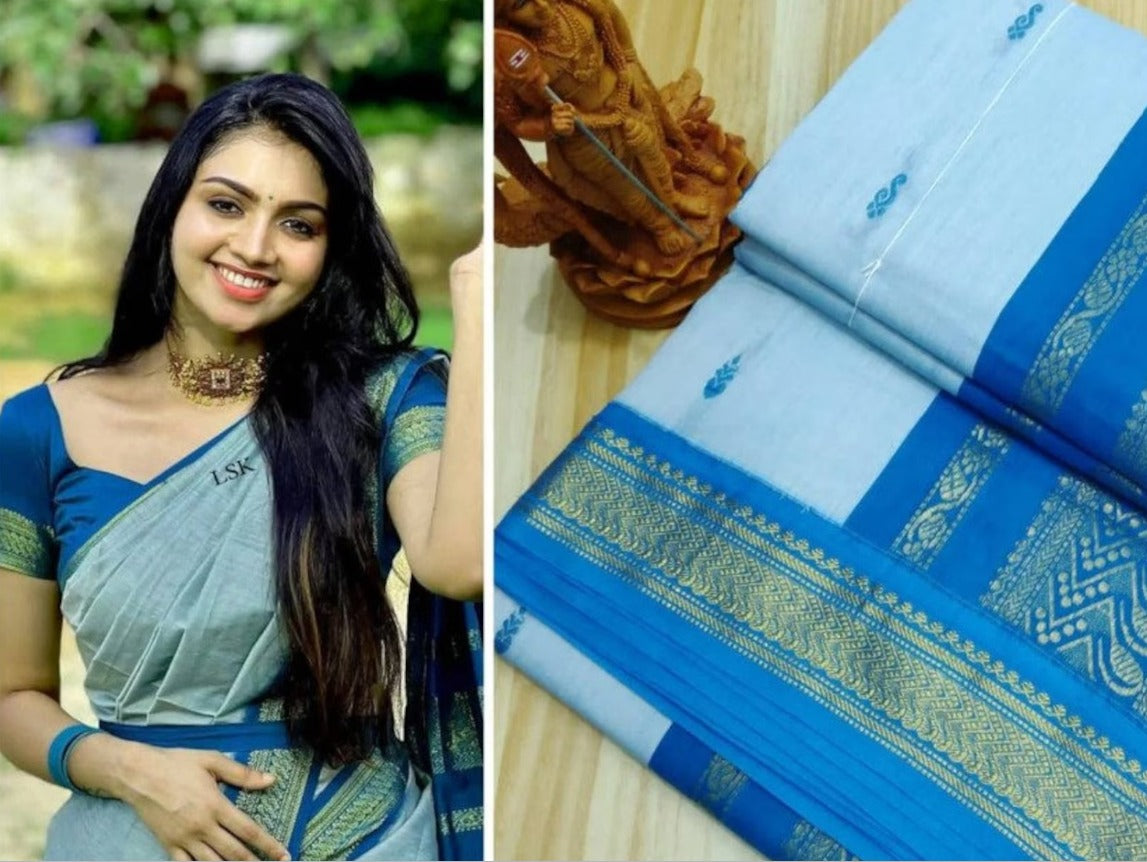 Kalyani Cotton Gatwal Saree – Sky Blue Mercedes Cotton