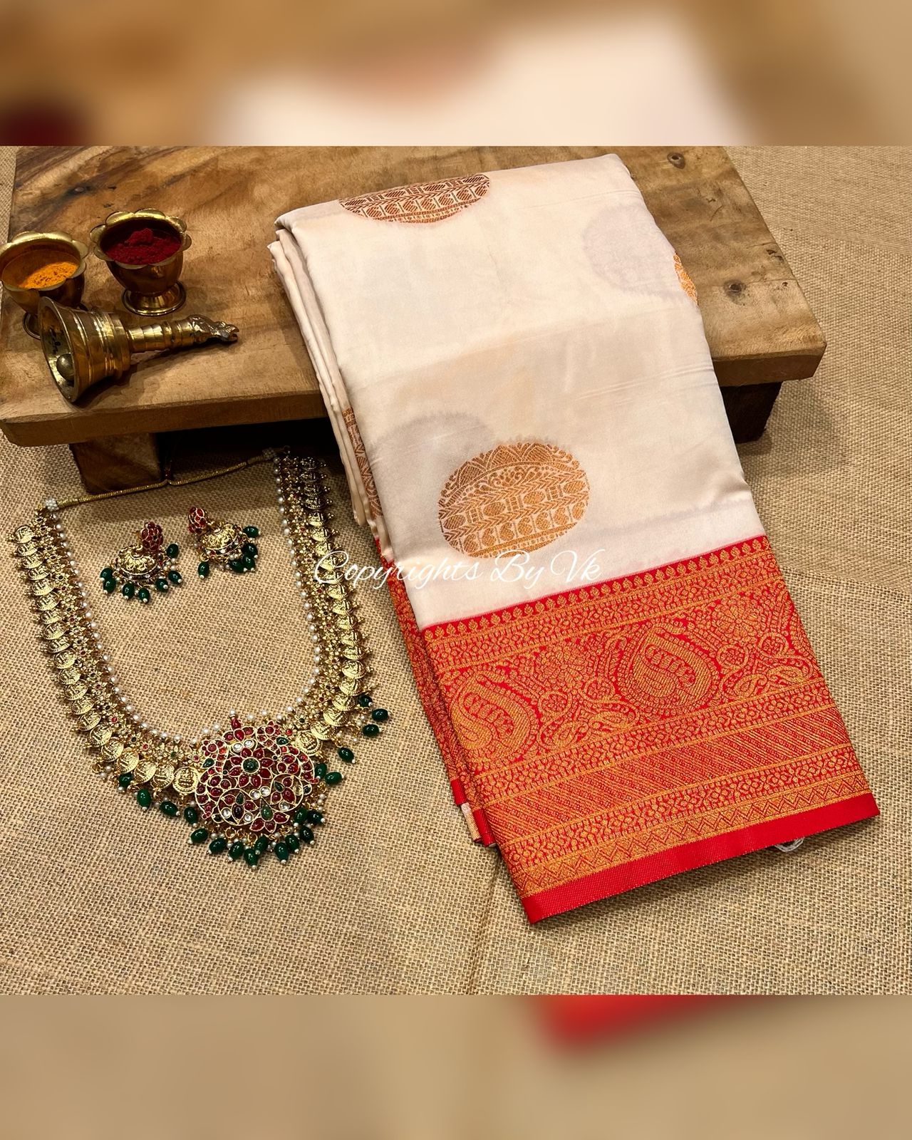 White and Red Pattu saree