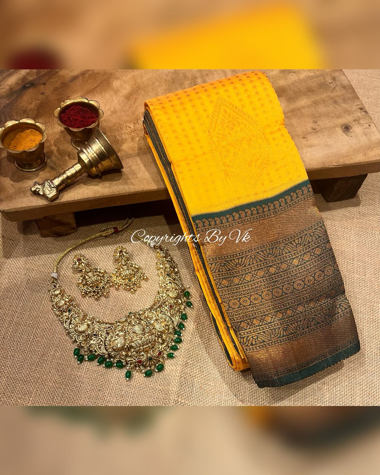 Mastard and forest green wedding saree